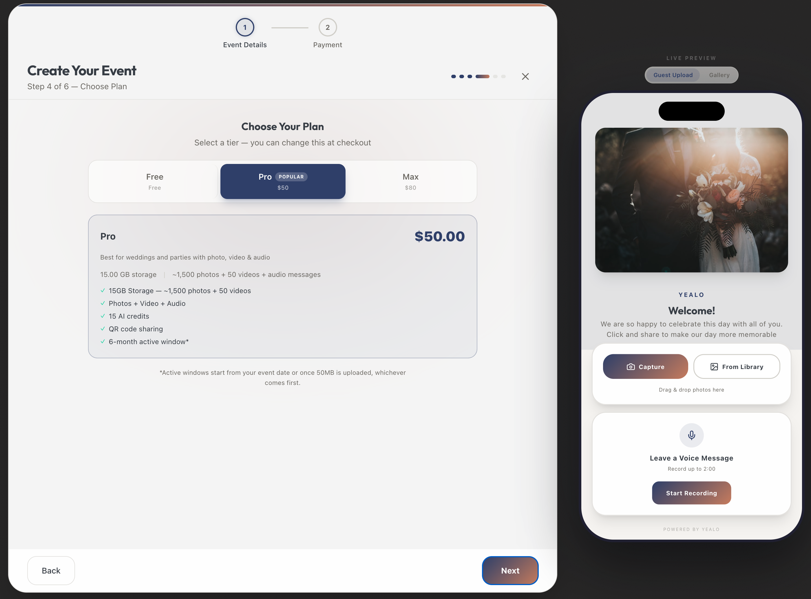 Yealo plan selection showing Free, Plus, and Max tiers with pricing and feature comparison