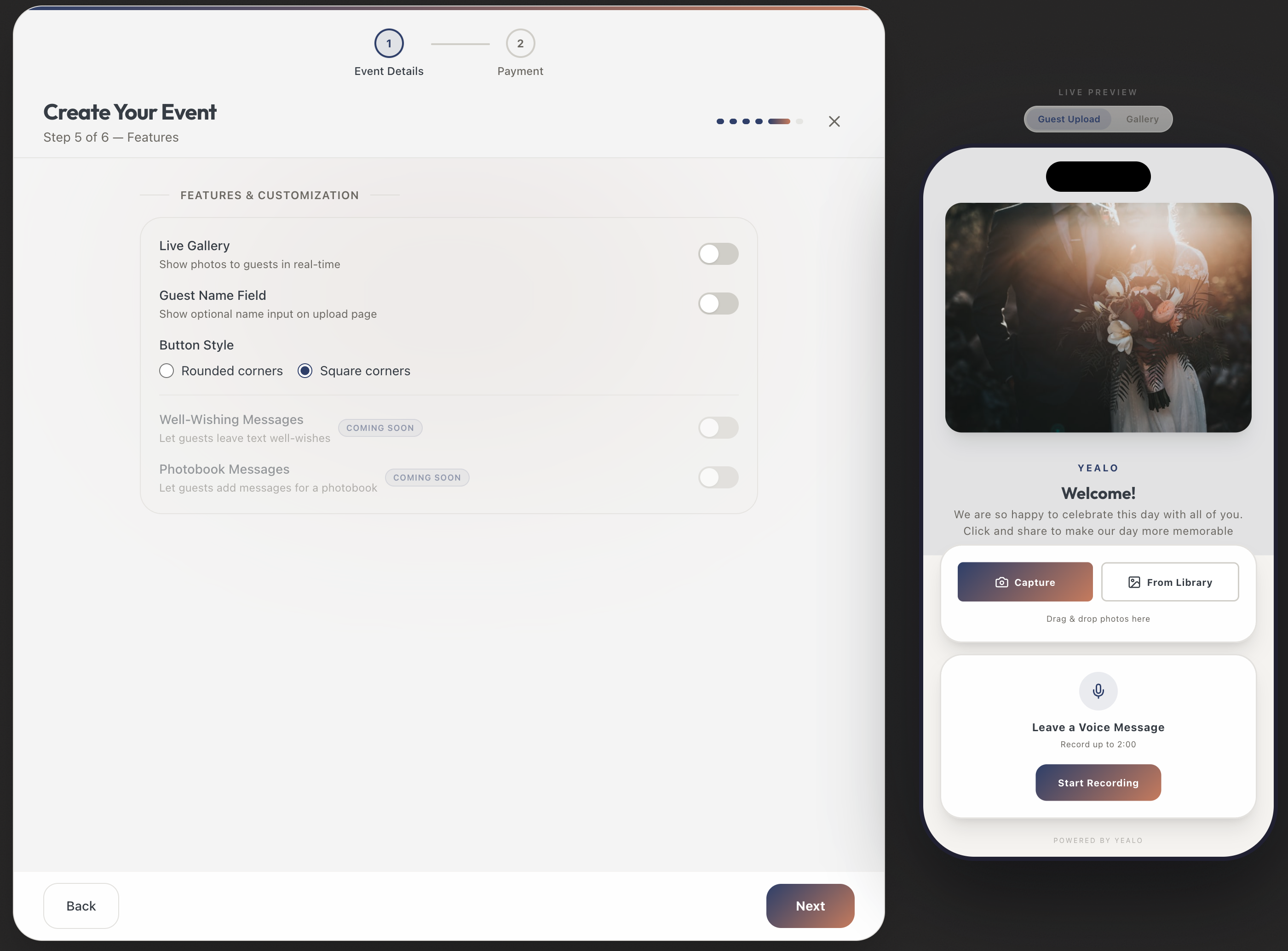 Yealo features step showing guest settings and button style options